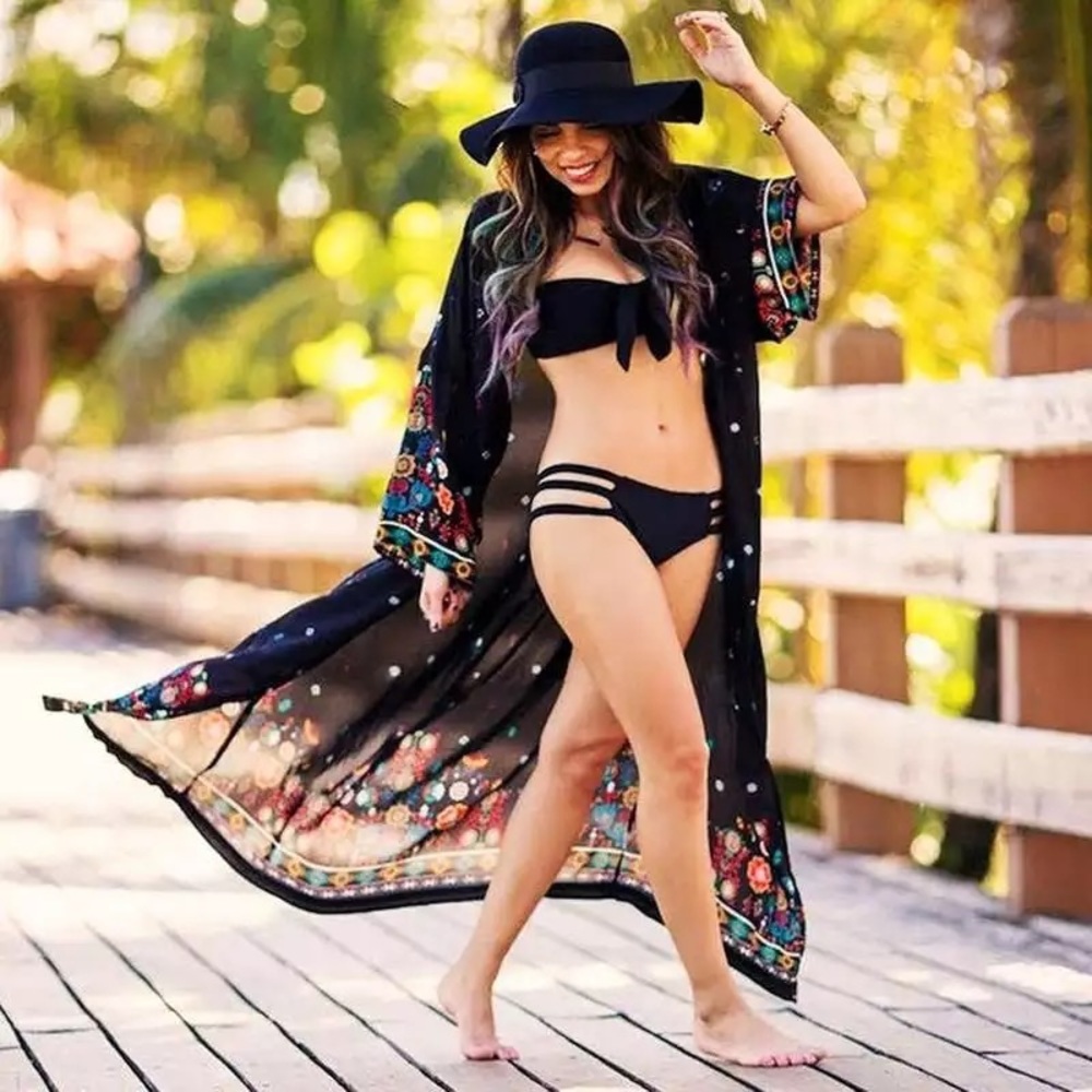 Boho Chic Black Floral Kimono Beach Coverup - Picture 2 of 16